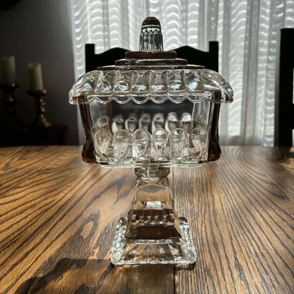 Vintage Clear Pressed Glass Pedestal Candy Dish with Gold Trim